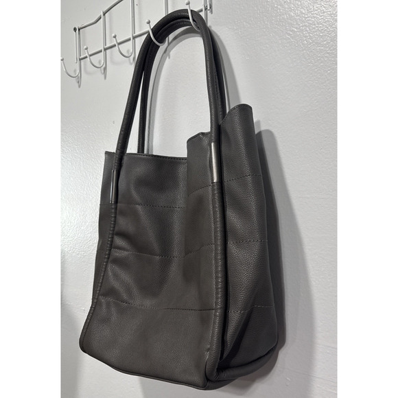 NEIMAN MARCUS Tote Bag Dark Gray Faux Pebbled Vegan Leather Shoulder Purse Large - Picture 2 of 12